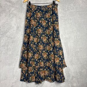Vintage Lizsport Floral Maxi Skirt Navy Blue Ruffled Tiered Boho Vintage Size 10